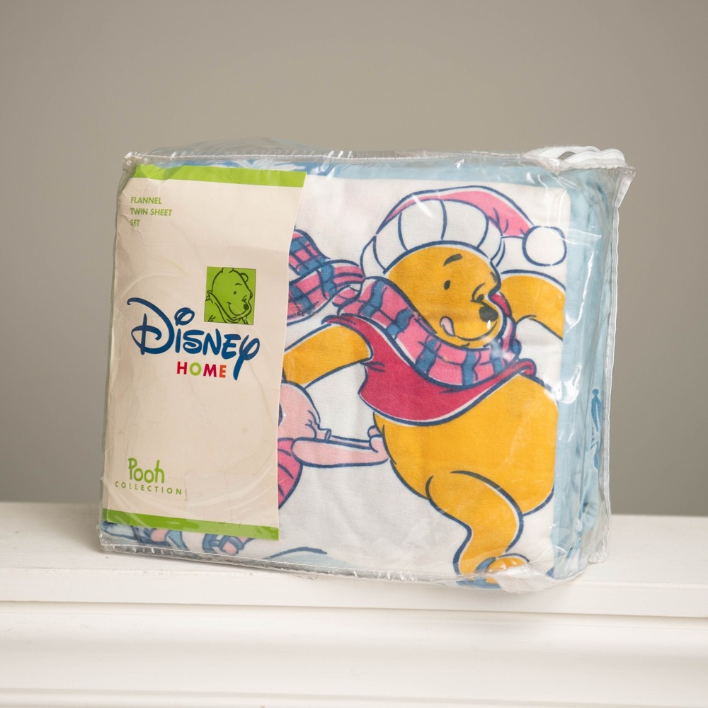 Vintage‎ Winnie the Pooh Flannel Twin Sheet Set NEW! Disney Home Winter Scene